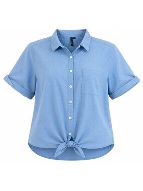 L.O.V. Women’s XL Blue Tie Front Button Up Short Sleeve Linen Blend Shirt